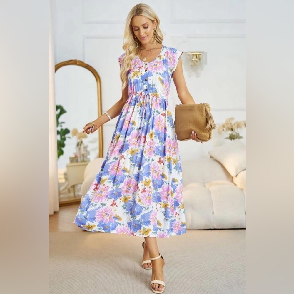 Floral Sleeveless Maxi Dress With Adjustable Tie Waist size M
